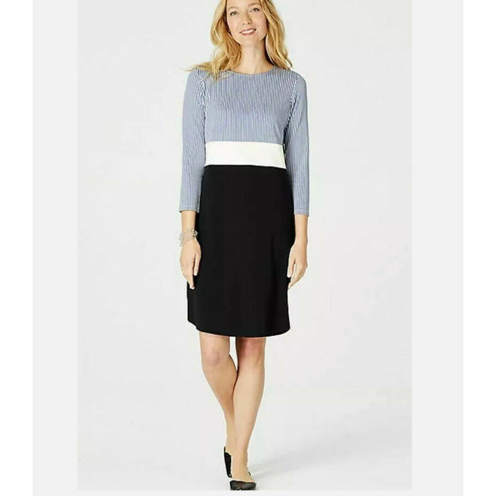 J Jill Size Petite L Shift Dress Striped Color Block Tunic Blue White Black